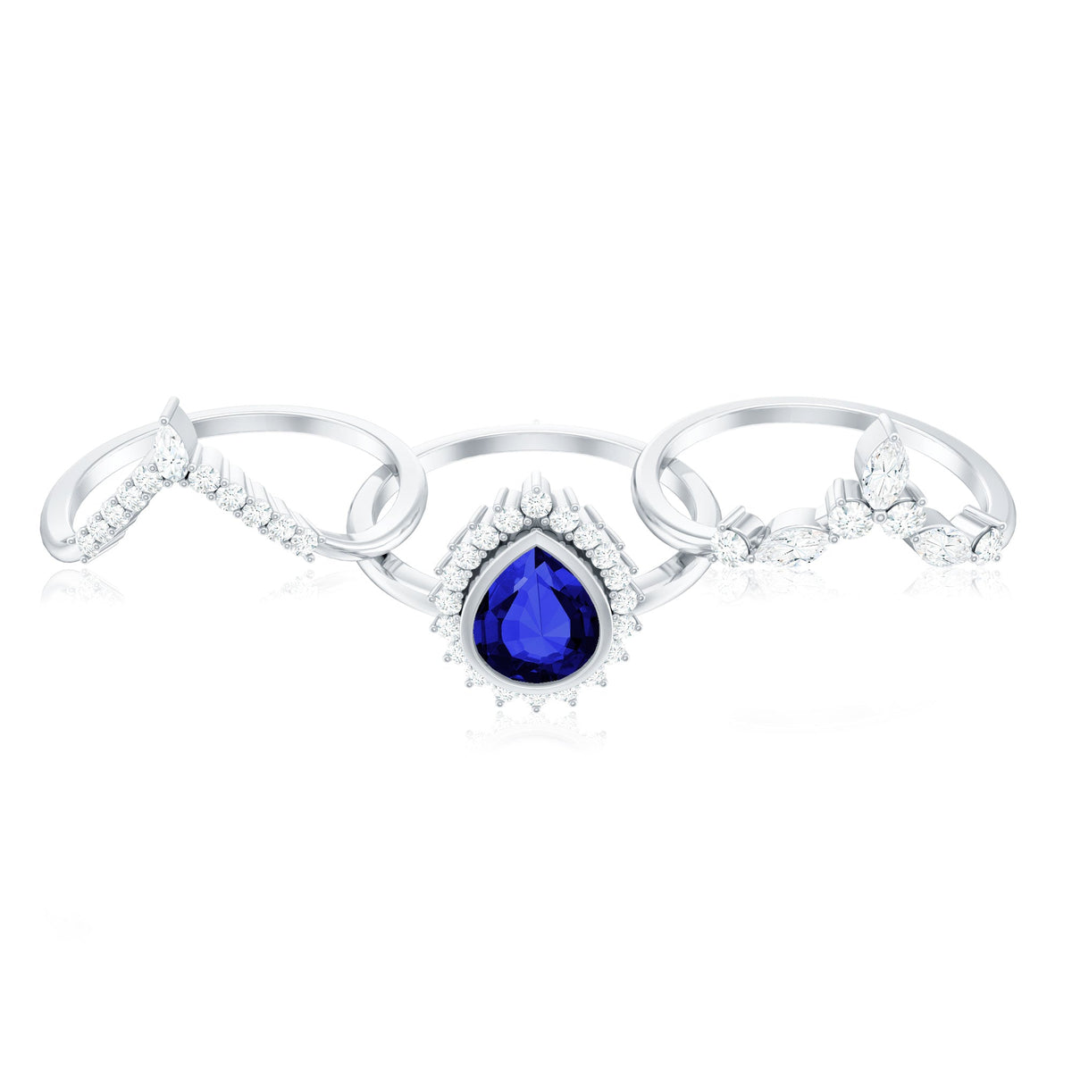 Vintage Looking Lab Grown Blue Sapphire 3 Piece Bridal Ring Set with Moissanite