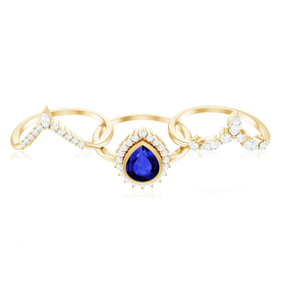 Vintage Looking Lab Grown Blue Sapphire 3 Piece Bridal Ring Set with Moissanite
