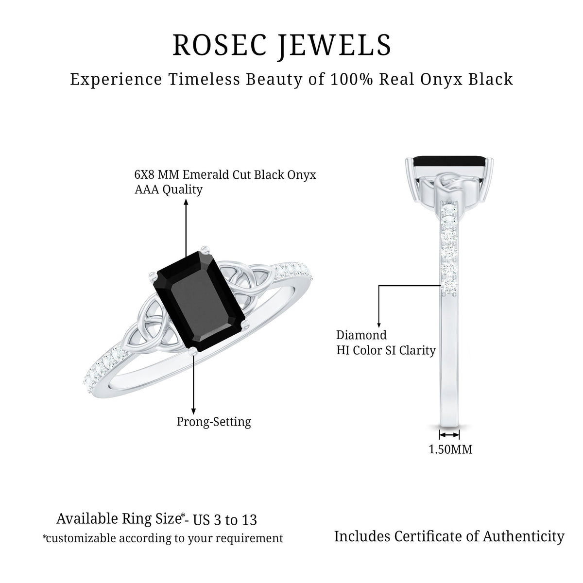 6X8mm Emerald Cut Black Onyx Celtic Engagement Ring with Diamond