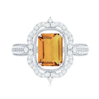 Vintage Inspired Citrine Emerald Cut Engagement Ring with Moissanite Halo