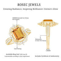 Vintage Inspired Citrine Emerald Cut Engagement Ring with Moissanite Halo