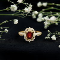 Certified Real Emerald Cut Garnet Retro Engagement Ring with Diamond