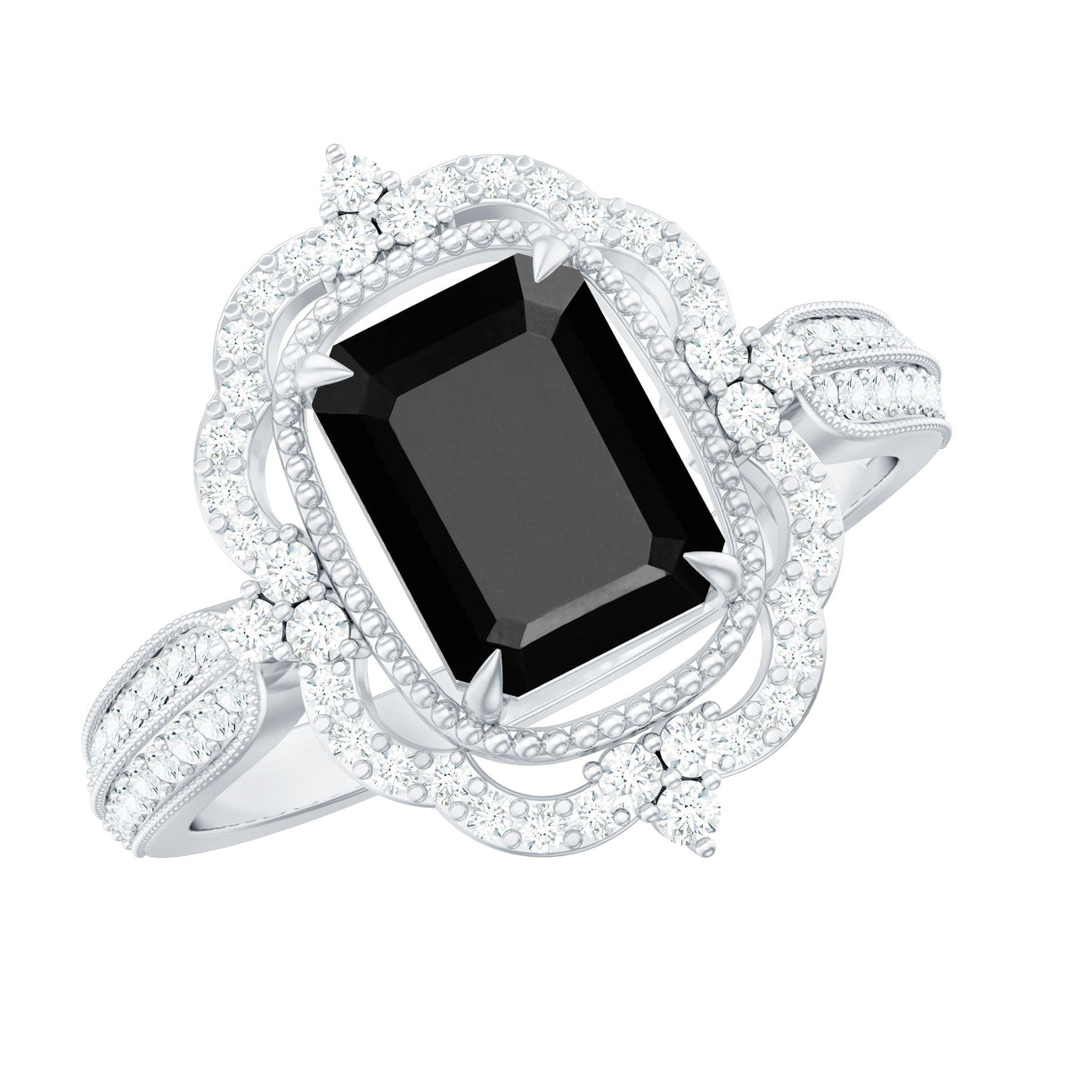 1.68 Carat Emerald Cut Lab Grown Black Diamond Retro Engagement Ring with White Diamond