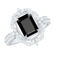 1.68 Carat Emerald Cut Lab Grown Black Diamond Retro Engagement Ring with White Diamond