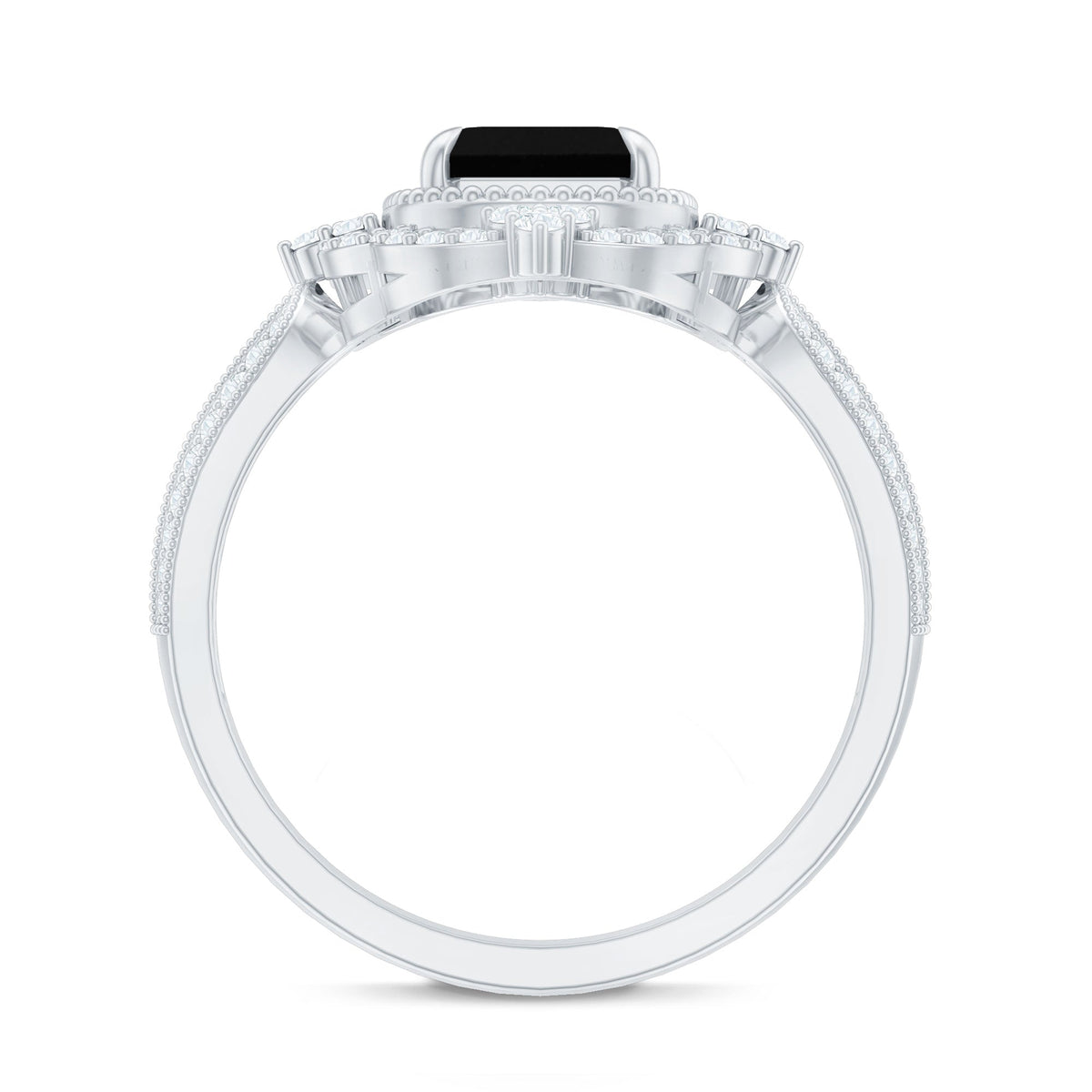 1.68 Carat Emerald Cut Lab Grown Black Diamond Retro Engagement Ring with White Diamond