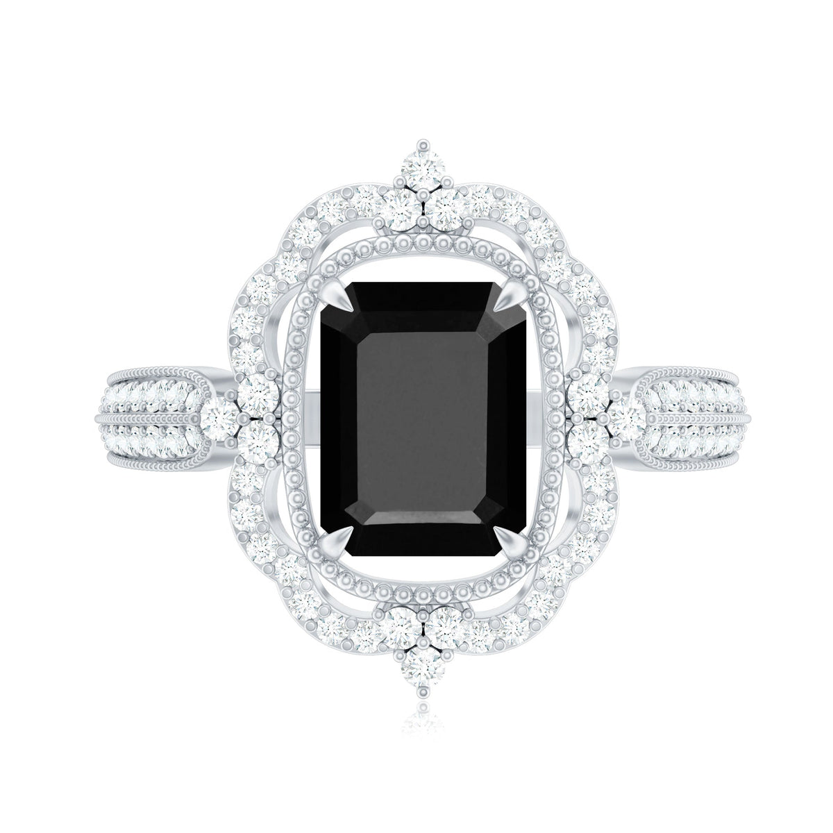 1.68 Carat Emerald Cut Lab Grown Black Diamond Retro Engagement Ring with White Diamond