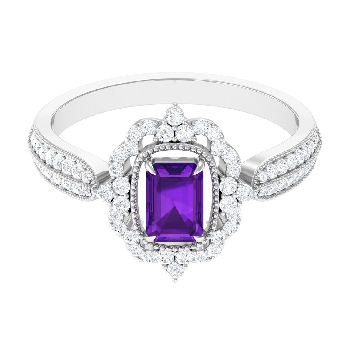 Vintage Inspired 1.4 Carat Amethyst Emerald Cut Engagement Ring with Diamond Halo