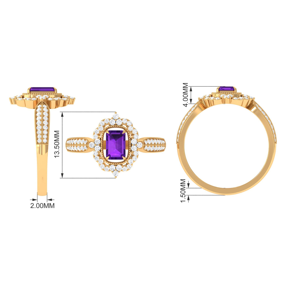 Vintage Inspired 1.4 Carat Amethyst Emerald Cut Engagement Ring with Diamond Halo