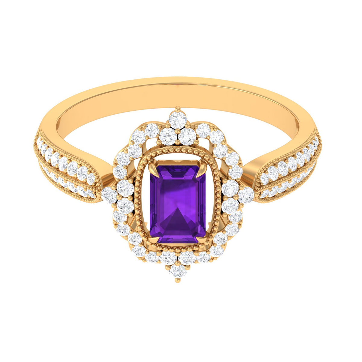 Vintage Inspired 1.4 Carat Amethyst Emerald Cut Engagement Ring with Diamond Halo