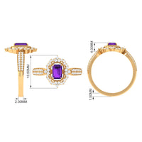 Vintage Inspired 1.4 Carat Amethyst Emerald Cut Engagement Ring with Diamond Halo