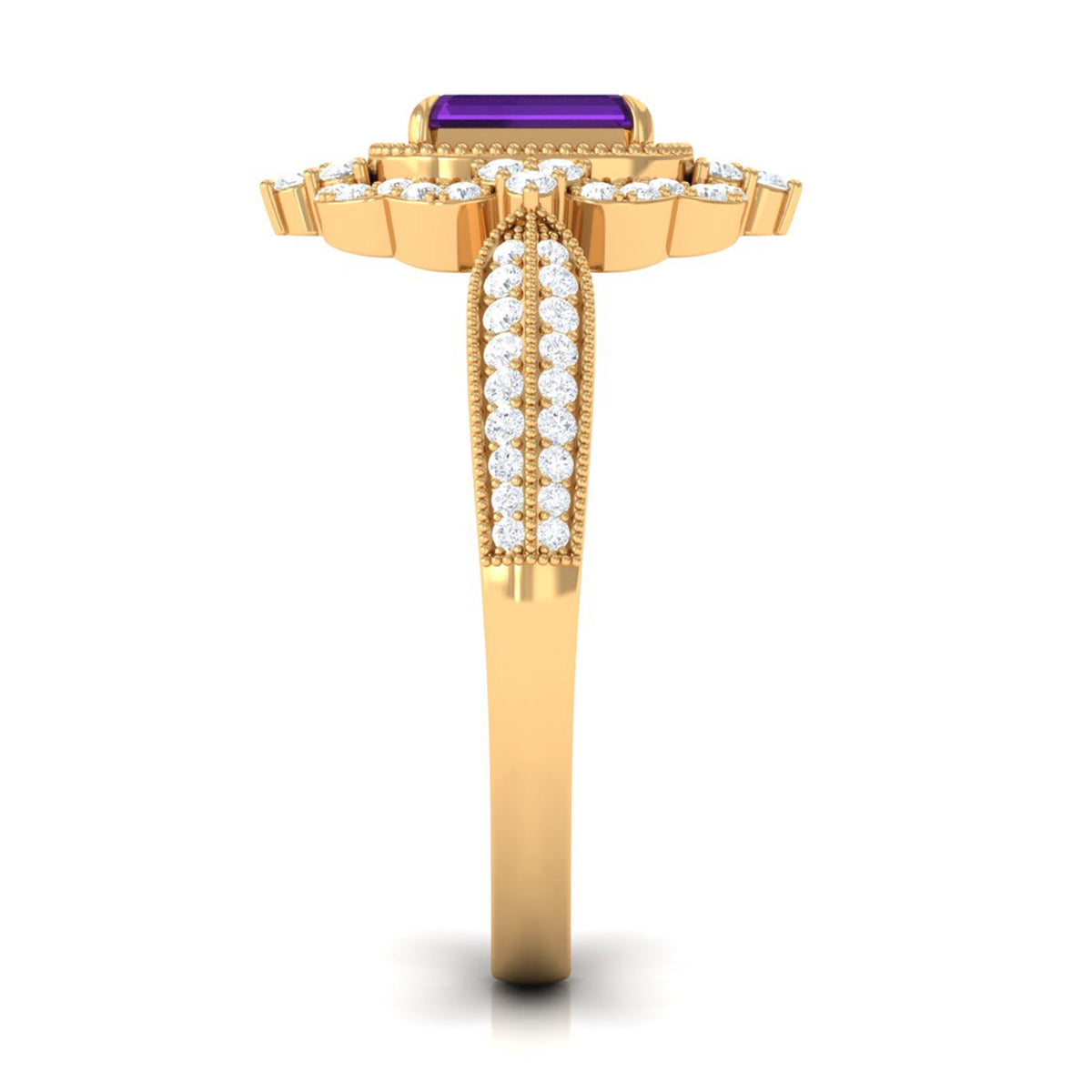 Vintage Inspired 1.4 Carat Amethyst Emerald Cut Engagement Ring with Diamond Halo