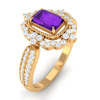 Vintage Inspired 1.4 Carat Amethyst Emerald Cut Engagement Ring with Diamond Halo
