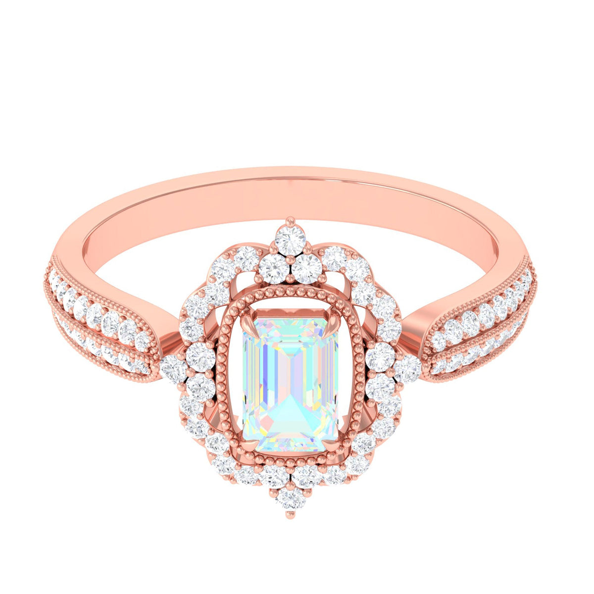 Real 6X8mm Emerald Cut Opalescent Antique Looking Engagement Ring with Diamond Halo