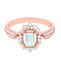 Real 6X8mm Emerald Cut Opalescent Antique Looking Engagement Ring with Diamond Halo