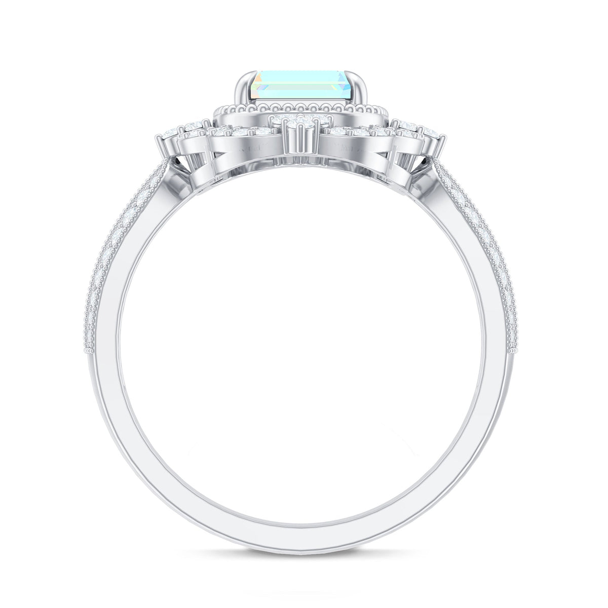 Real 6X8mm Emerald Cut Opalescent Antique Looking Engagement Ring with Diamond Halo