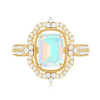 Real 6X8mm Emerald Cut Opalescent Antique Looking Engagement Ring with Diamond Halo