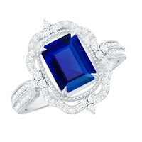 Certified 1.75 Carat Emerald Cut Lab Grown Blue Sapphire Retro Engagement Ring with Diamond