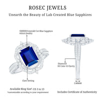 Certified 1.75 Carat Emerald Cut Lab Grown Blue Sapphire Retro Engagement Ring with Diamond