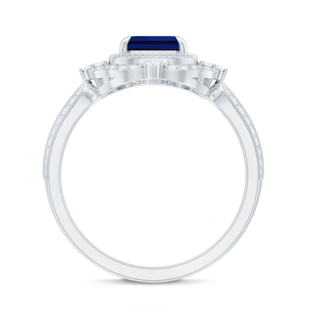 Certified 1.75 Carat Emerald Cut Lab Grown Blue Sapphire Retro Engagement Ring with Diamond