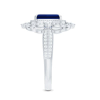 Certified 1.75 Carat Emerald Cut Lab Grown Blue Sapphire Retro Engagement Ring with Diamond