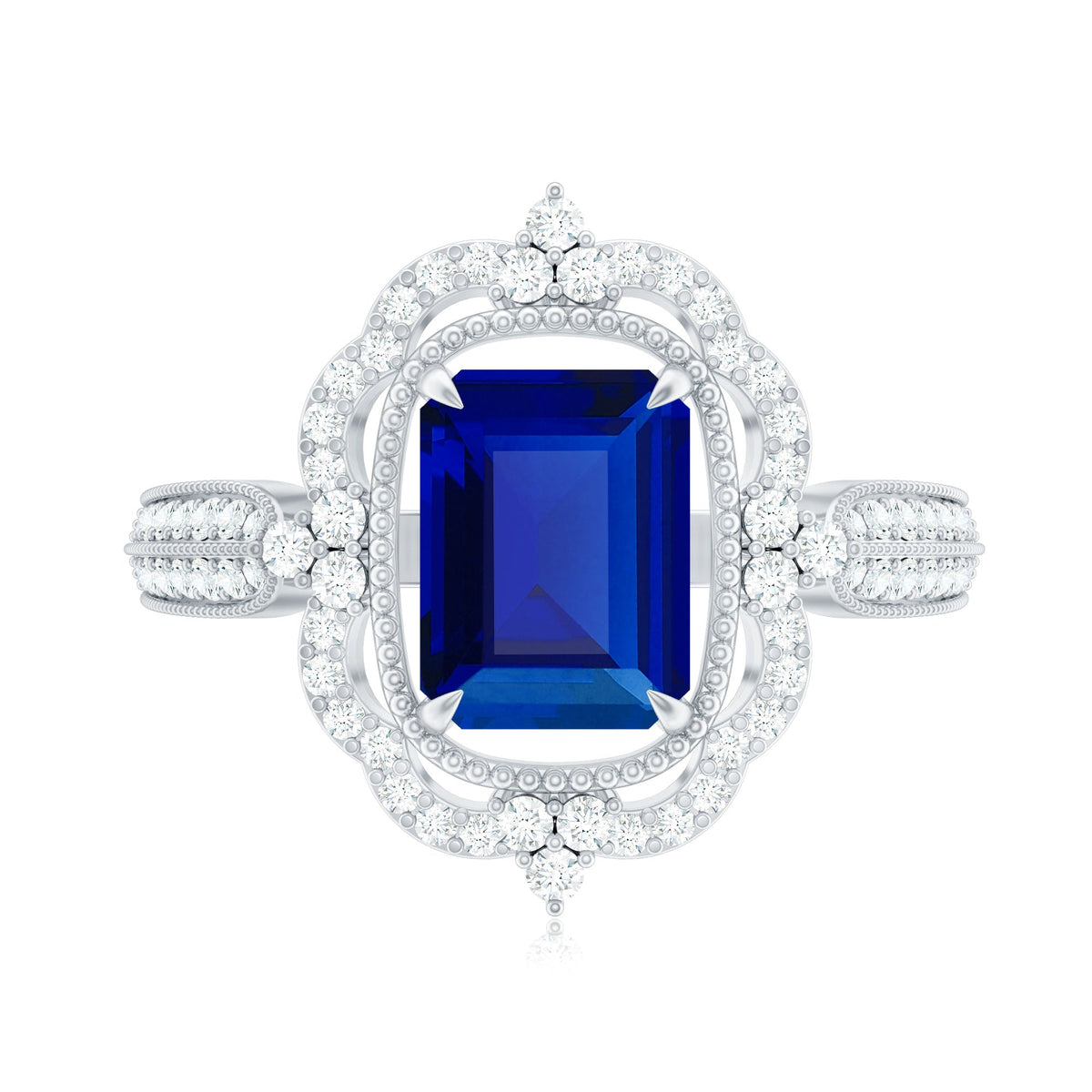 Certified 1.75 Carat Emerald Cut Lab Grown Blue Sapphire Retro Engagement Ring with Diamond