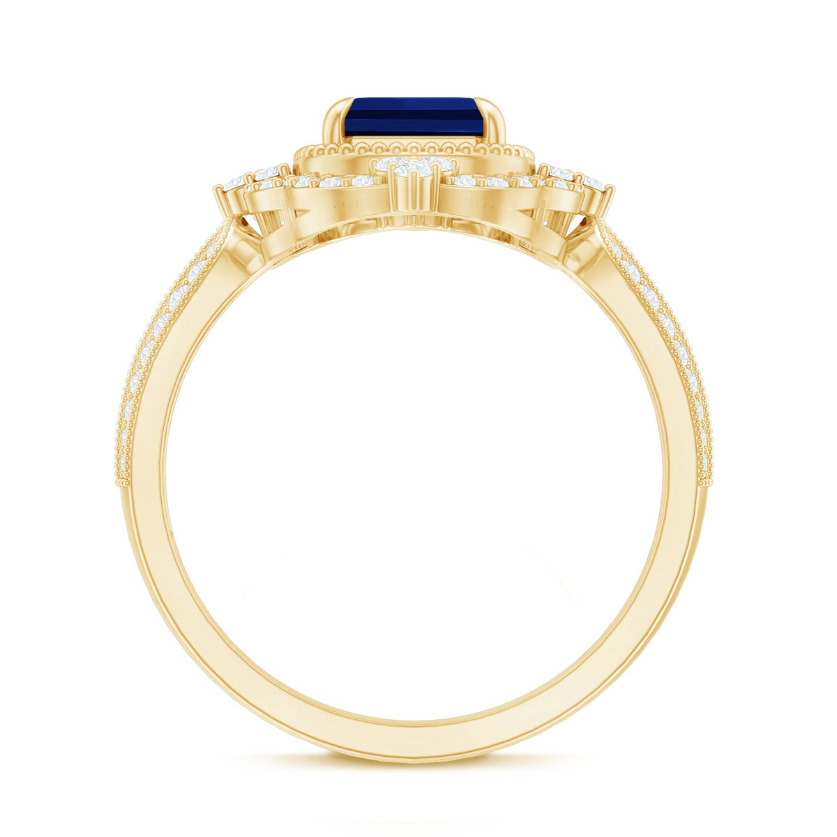 Certified 1.75 Carat Emerald Cut Lab Grown Blue Sapphire Retro Engagement Ring with Diamond