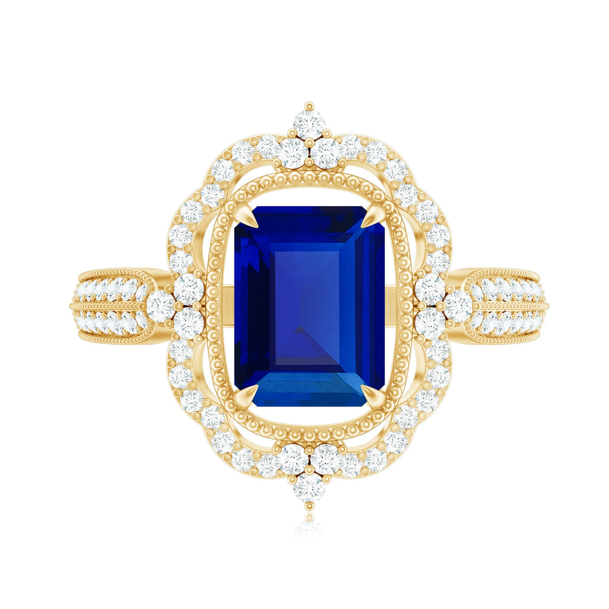 Certified 1.75 Carat Emerald Cut Lab Grown Blue Sapphire Retro Engagement Ring with Diamond