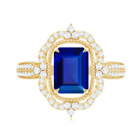 Certified 1.75 Carat Emerald Cut Lab Grown Blue Sapphire Retro Engagement Ring with Diamond