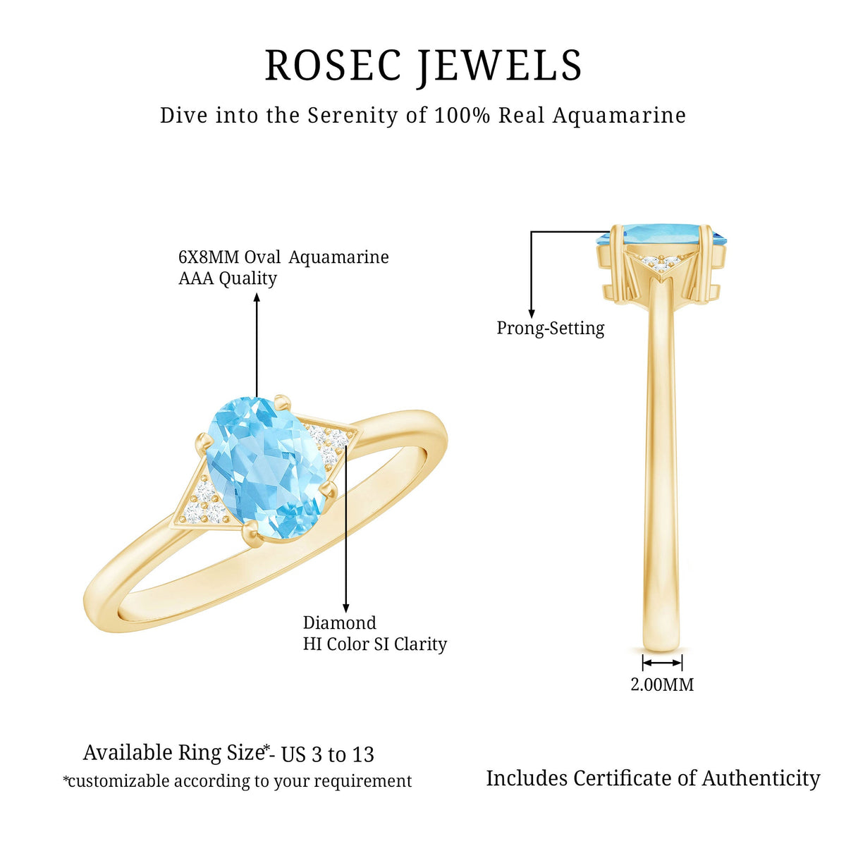 Genuine 6X8mm Aquamarine Oval Engagement Ring with Diamond