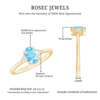 Genuine 6X8mm Aquamarine Oval Engagement Ring with Diamond