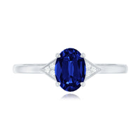 Certified 1 Carat Lab Grown Blue Sapphire Oval Engagement Ring with Diamond Trio