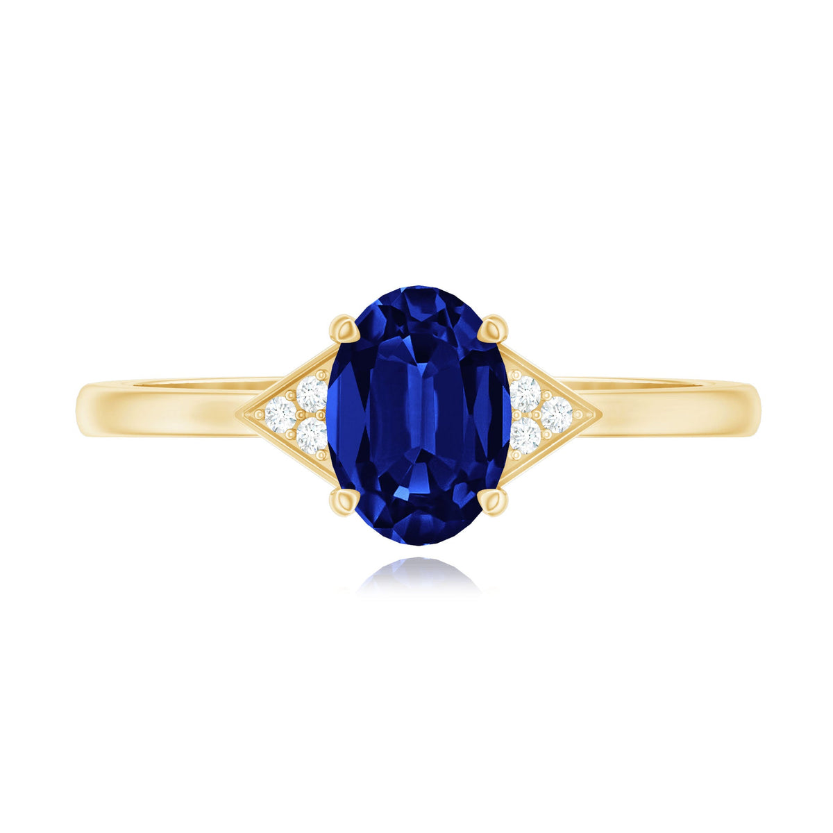 Certified 1 Carat Lab Grown Blue Sapphire Oval Engagement Ring with Diamond Trio