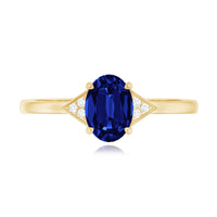 Certified 1 Carat Lab Grown Blue Sapphire Oval Engagement Ring with Diamond Trio