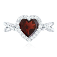 Natural Garnet Diamond Heart Engagement Ring with Crossover Shank