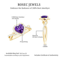 2 Carat Heart Shape Amethyst Crossover Engagement Ring with Diamond