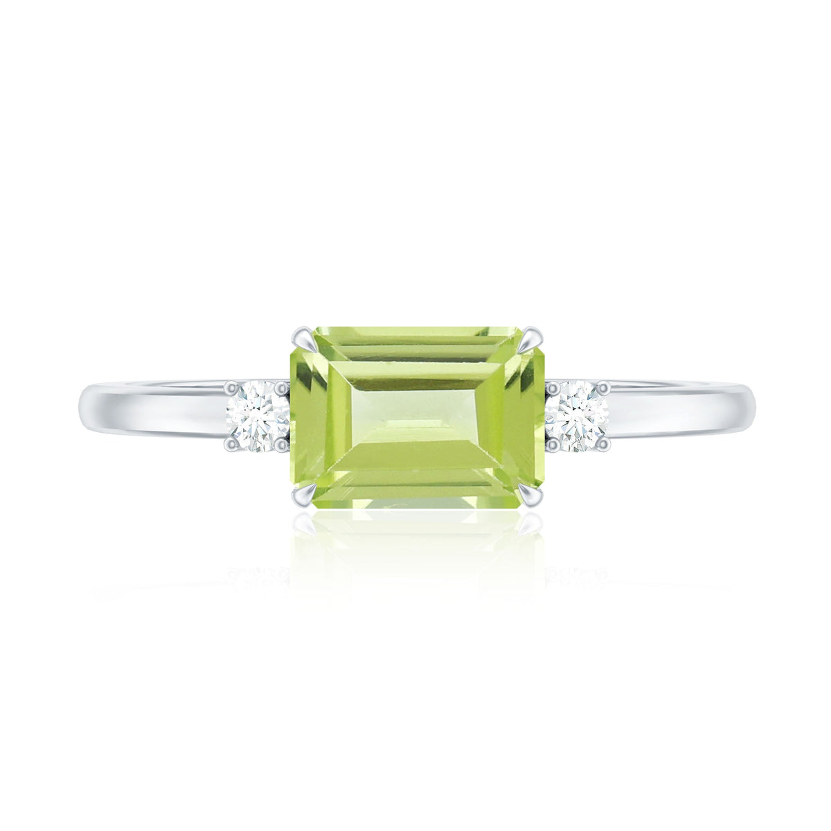 Real 1.8 Carat Peridot Emerald Cut Engagement Ring with Diamond in East West Style