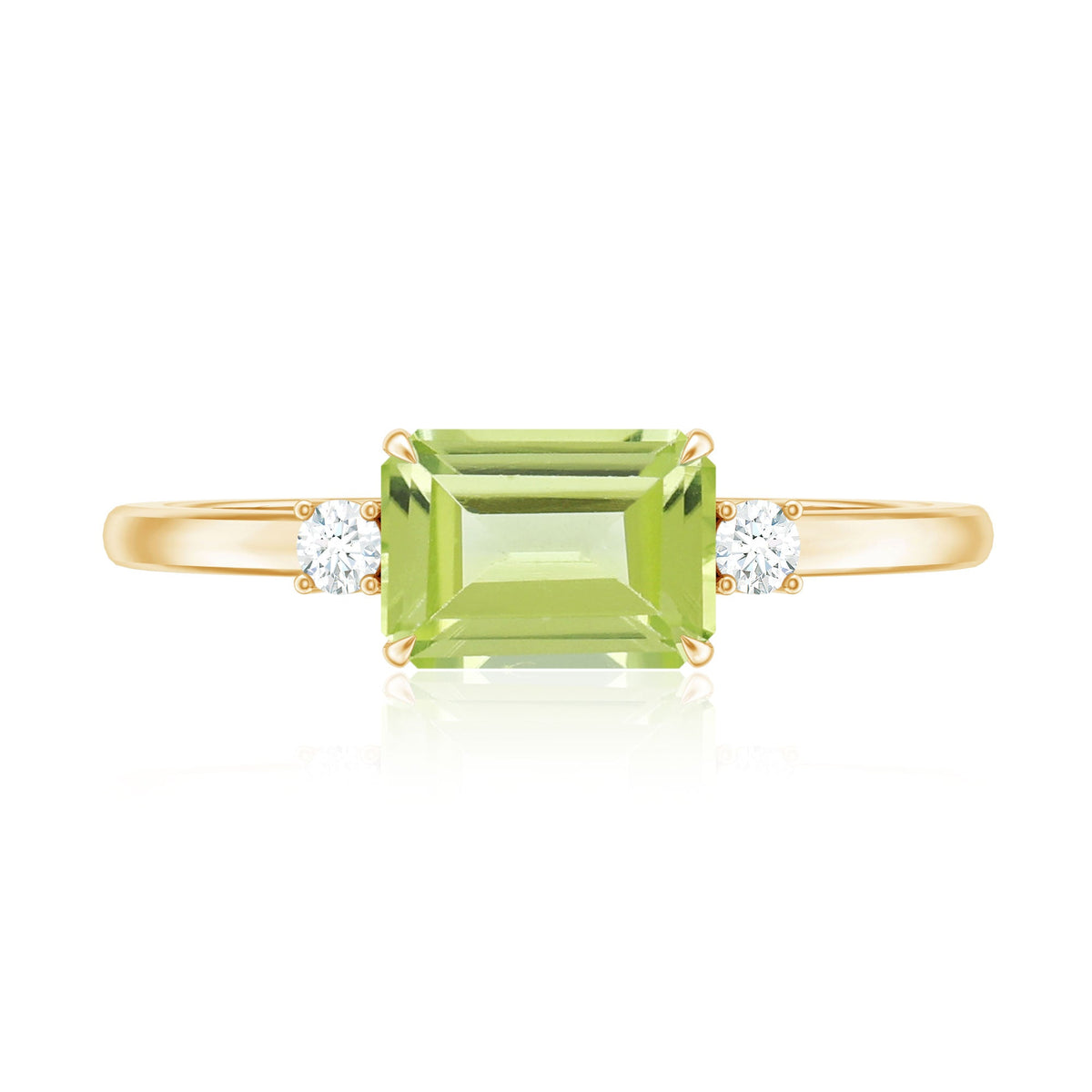 Real 1.8 Carat Peridot Emerald Cut Engagement Ring with Diamond in East West Style