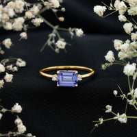 Octagon Cut Created Blue Sapphire East West Engagement Ring with Diamond