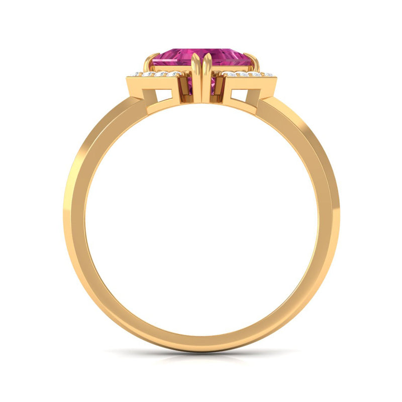 Contemporary pink tourmaline engagement ring with princess cut gemstone and diamond accents, crafted by Rosec Jewels.