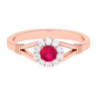 Minimal Ruby Diamond Halo Engagement Ring with Split Shank