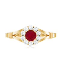 Minimal Ruby Diamond Halo Engagement Ring with Split Shank
