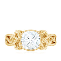 Vintage Style Cushion Moissanite Solitaire Ring in Bezel Setting