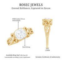 Cushion Cut Cubic Zirconia Vintage Inspired Solitaire Ring in Bezel Setting