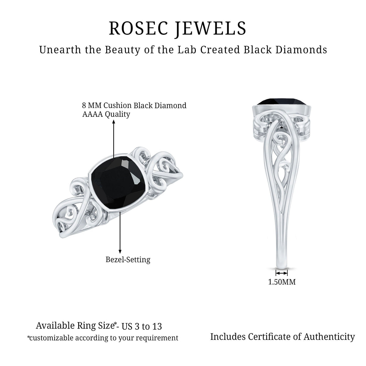 Vintage Style 2.8 Carat Lab Grown Black Diamond Cushion Cut Engagement Ring