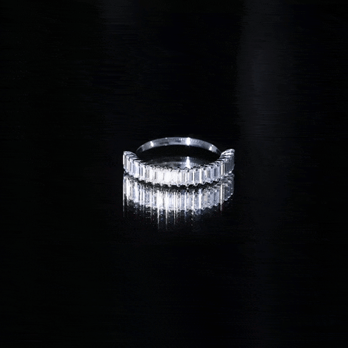 Yellow gold Certified Baguette Moissanite half eternity band ring with sparkling baguette stones, from Rosec Jewels.