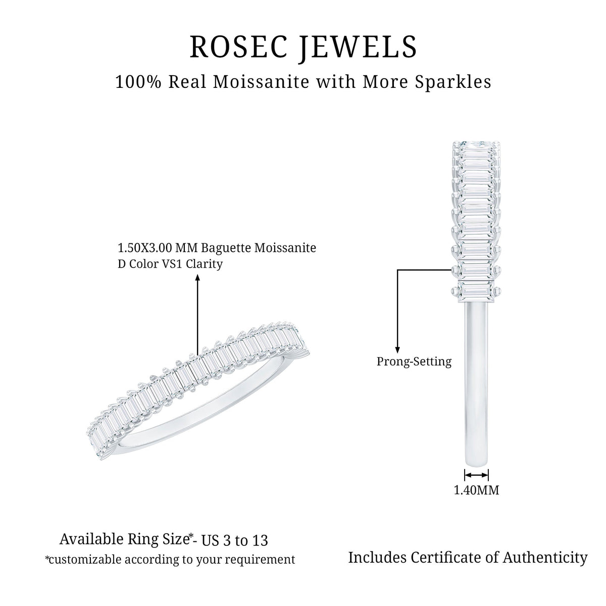 Certified Baguette Moissanite Half Eternity Band Ring