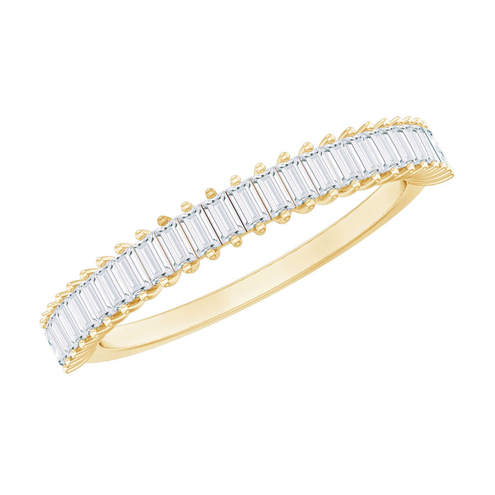 Rosec Jewels certified baguette moissanite half eternity band ring with sparkling rectangular stones on a sleek gold band.