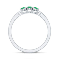 Certified Real Oval Emerald Three Stone Promise Ring with Diamond