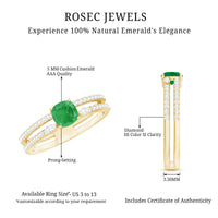 Natural Cushion Cut Emerald Diamond Double Band Engagement Ring