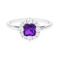 Princess Cut Amethyst and Diamond Halo Engagement Ring